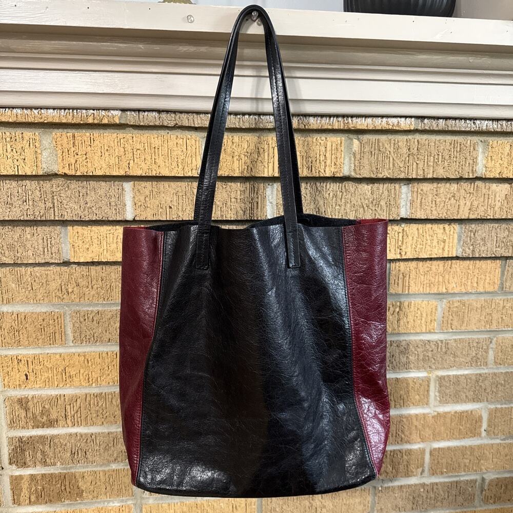 Eileen Fisher 100% Leather Tote Color Block 90s Minimalist Oxblood Dark Academia